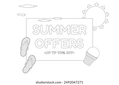 Black and white coloring page for a summer sale. Features sun, flip-flops, and ice cream. Perfect for kids and promotional materials.