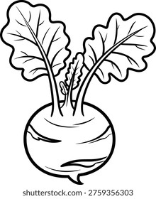 Black and white coloring page of a turnip vegetable with green leaves