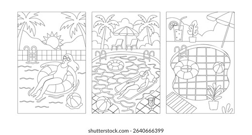 Black and white coloring page version of three summer scenes with pool, palm trees, woman, umbrella and beach ball for kids and relaxation use. Vector illustration
