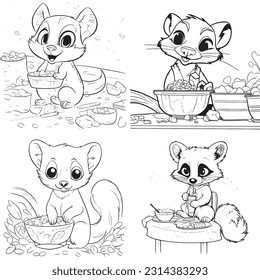 Páginas de coloreo en blanco y negro Animales para niños, líneas simples, vectores , lindos Animales, páginas de colores fáciles, para niños , líneas gruesas, detalles bajos, contorno