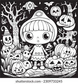 Black and white coloring pages Halloween for kids, simple lines, vector , cute Halloween, Boo!, Halloween Background