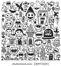 Black and white coloring pages Halloween for kids, simple lines, vector , cute Halloween, Boo!, Halloween Background