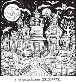 Black and white coloring pages Halloween for kids, simple lines, vector , cute Halloween, Boo!, Halloween Background