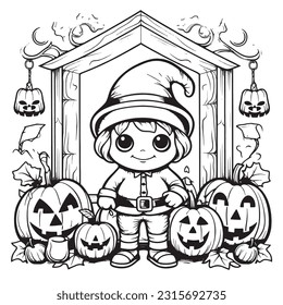 Black and white coloring pages Halloween for kids, simple lines, vector , cute Halloween, Boo!, Halloween Background