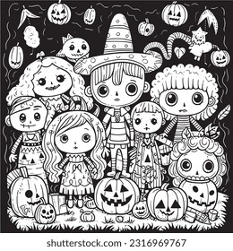 Black and white coloring pages Halloween for kids, simple lines, vector , cute Halloween, Boo!, Halloween Background