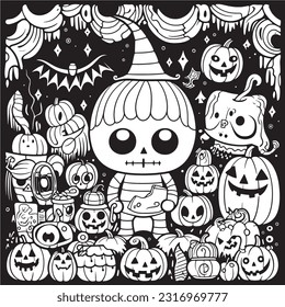 Black and white coloring pages Halloween for kids, simple lines, vector , cute Halloween, Boo!, Halloween Background
