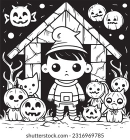 Black and white coloring pages Halloween for kids, simple lines, vector , cute Halloween, Boo!, Halloween Background