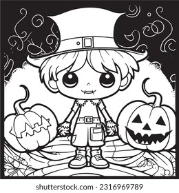 Black and white coloring pages Halloween for kids, simple lines, vector , cute Halloween, Boo!, Halloween Background