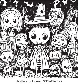 Black and white coloring pages Halloween for kids, simple lines, vector , cute Halloween, Boo!, Halloween Background