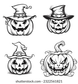 Black and white coloring pages Halloween for kids, simple lines, vector