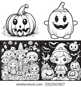 Black and white coloring pages Halloween for kids, simple lines, vector