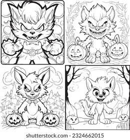 Black and white coloring pages Halloween for kids, simple lines, vector