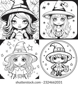 Black and white coloring pages Halloween for kids, simple lines, vector
