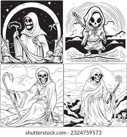Black and white coloring pages Halloween for kids, simple lines, vector