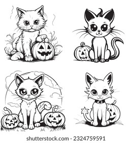 Black and white coloring pages Halloween for kids, simple lines, vector