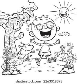 Black and white coloring pages for kids, simple lines, cartoon style, happy, cute, funny, many things in the world