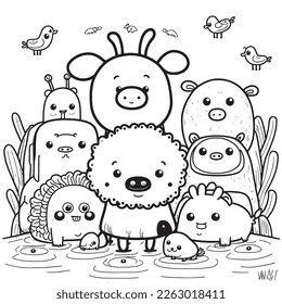 Black and white coloring pages for kids, simple lines, cartoon style, happy, cute, funny, many things in the world