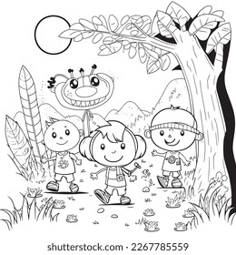 Black and white coloring pages for kids, simple lines, cartoon style, happy, cute, funny, many things in the world