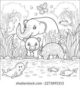 Black and white coloring pages for kids, simple lines, cartoon style, happy, cute, funny, many things in the world