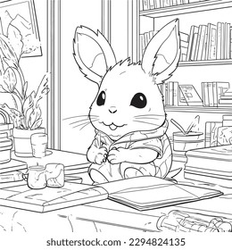 Rabbit , Black and white coloring pages for kids, simple lines, cartoon style, happy, cute, funny, animal in the world