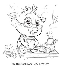 Black and white coloring pages for kids, simple lines, cartoon style, happy, cute, funny, animal in the world