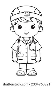 Black and white coloring pages for kids, simple lines, cartoon style, happy, cute, The drawings in the children's coloring book are depicted in a series of different professions. smiling happily