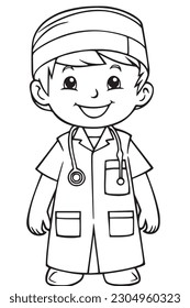 Black and white coloring pages for kids, simple lines, cartoon style, happy, cute, The drawings in the children's coloring book are depicted in a series of different professions. smiling happily