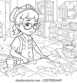 Black and white coloring pages for kids, simple lines, cartoon style, happy, cute, The drawings in the children's coloring book are depicted in a series of different professions. smiling happily