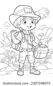 Black and white coloring pages for kids, simple lines, cartoon style, happy, cute, funny, The drawings in the children's coloring book are depicted in a series of different professions.smiling happily