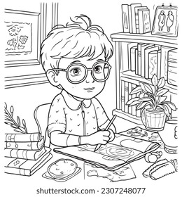 Black and white coloring pages for kids, simple lines, cartoon style, happy, cute, The drawings in the children's coloring book are depicted in a series of different professions. smiling happily