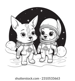 Black and white coloring pages for kids, simple lines, vector style, A coloring book featuring canine astronauts exploring the moon's