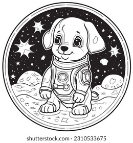Black and white coloring pages for kids, simple lines, vector style, A coloring book featuring canine astronauts exploring the moon's