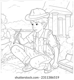 Black and white coloring pages for kids, simple lines, cartoon style, happy, cute, The drawings in the children's coloring book are depicted in a series of different professions. smiling happily