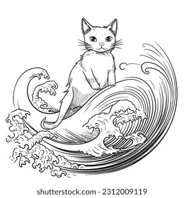 Black and white coloring pages for kids, simple lines, vector style, A cut cat surfing on a wave made of rainbows