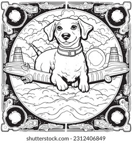 Black and white coloring pages for kids, simple lines, vector style, A cut dog soaring through the sky on a magical carpet ride 