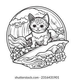 Black and white coloring pages for kids, simple lines, vector style, A cut cat surfing on a wave made of rainbows 