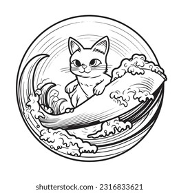 Black and white coloring pages for kids, simple lines, vector style, A cut cat surfing on a wave made of rainbows 