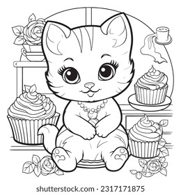 Black and white coloring pages for kids, Kitty Bakery Delights: A sweet-themed coloring book highlighting cute kitties 