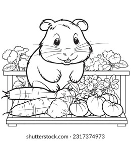 Black and white coloring pages for kids, Hamster Market: A bustling coloring page capturing a lively hamster market with stalls filled with colorful fruits