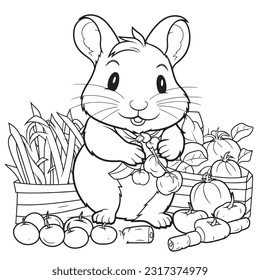 Black and white coloring pages for kids, cute Hamster Farmer: A coloring page featuring a cute hamster tending to a vegetable garden
