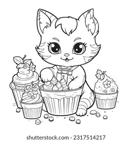 Black and white coloring pages for kids, Kitty Bakery Delights: A sweet-themed coloring book highlighting cute kitties 