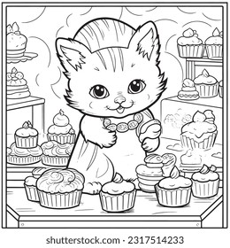 Black and white coloring pages for kids, Kitty Bakery Delights: A sweet-themed coloring book highlighting cute kitties 