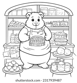 Black and white coloring pages for kids, Hamster Bakery: A coloring page showcasing a hamster baker in a village bakery, surrounded by freshly baked bread, pastries