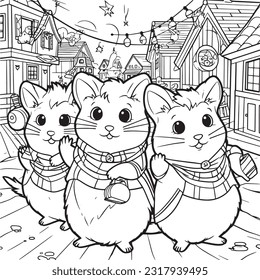 Black and white coloring pages for kids, Hamster Village Celebrations: A festive coloring page showcasing hamsters in traditional costumes
