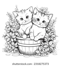 Black and white coloring pages for kids, Kitty Garden Paradise: A botanical coloring book capturing cute kitties 