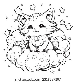 Black and white coloring pages for kids, Kitty Dreams: A whimsical coloring book showcasing adorable kitties in imaginative dreamscapes