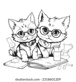 Black and white coloring pages for kids, Kitty Science Lab: A curious coloring book depicting cute kitties