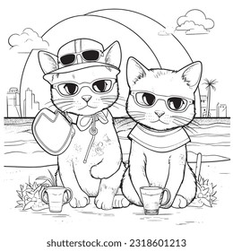 Black and white coloring pages for kids, Kitty Beach Vacation: A summertime coloring book featuring cute kitties