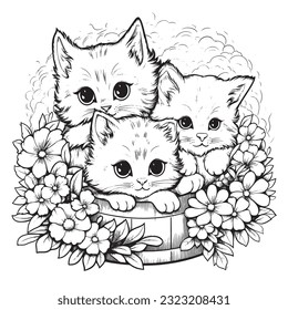 Black and white coloring pages for kids, Kitty Garden Paradise: A botanical coloring book capturing cute kitties 