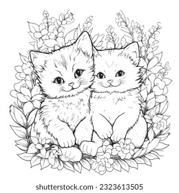 Black and white coloring pages for kids, Kitty Garden Paradise: A botanical coloring book capturing cute kitties 